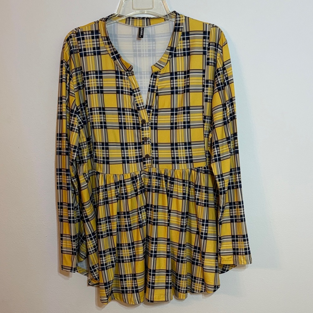 Casual Yellow Plaid Long Sleeve Blouse for Women 3XL